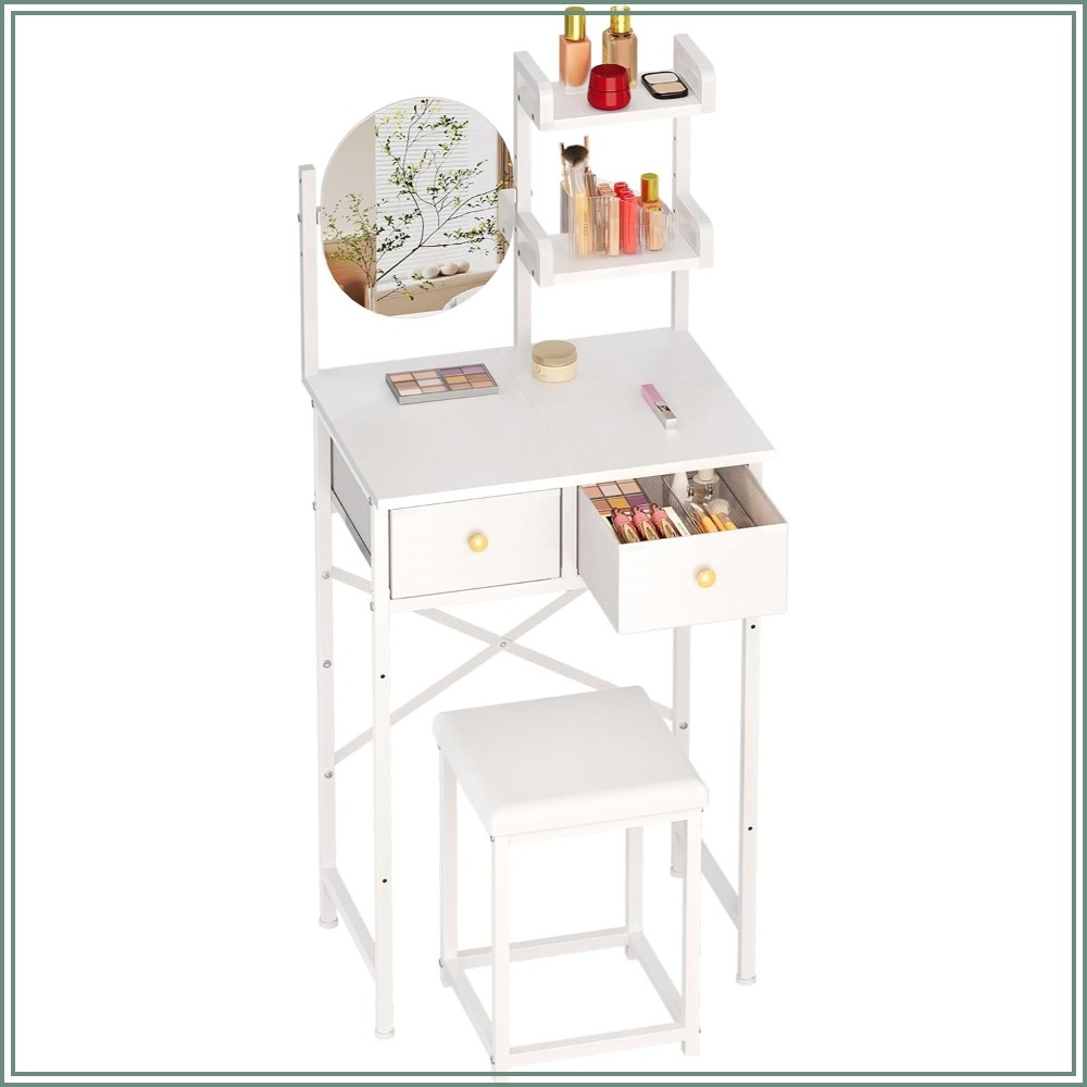 Desk Drawer Small - โต๊ะเครื่องแป้งขนาดเล็ก 19.7 นิ้ว พร้อมกระจกและเก้าอี้ ชุดโต๊ะแต่งหน้าขนาดเล็กพร้อมลิ้นชักผ้า 2