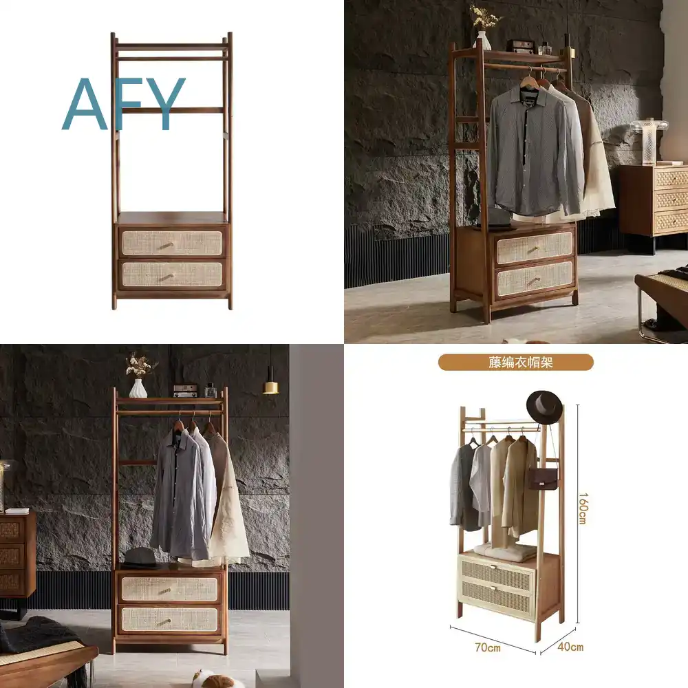 Home Office Of Ikea - ราวแขวนเสื้อผ้าสไตล์นอร์ดิกเรียบง่ายแบบญี่ปุ่น วัสดุหวายและไม้จริง สำหรับห้องนอน โฮมออฟฟิศ หอพัก ใช้ได้กับเฟอร์นิเจอร์