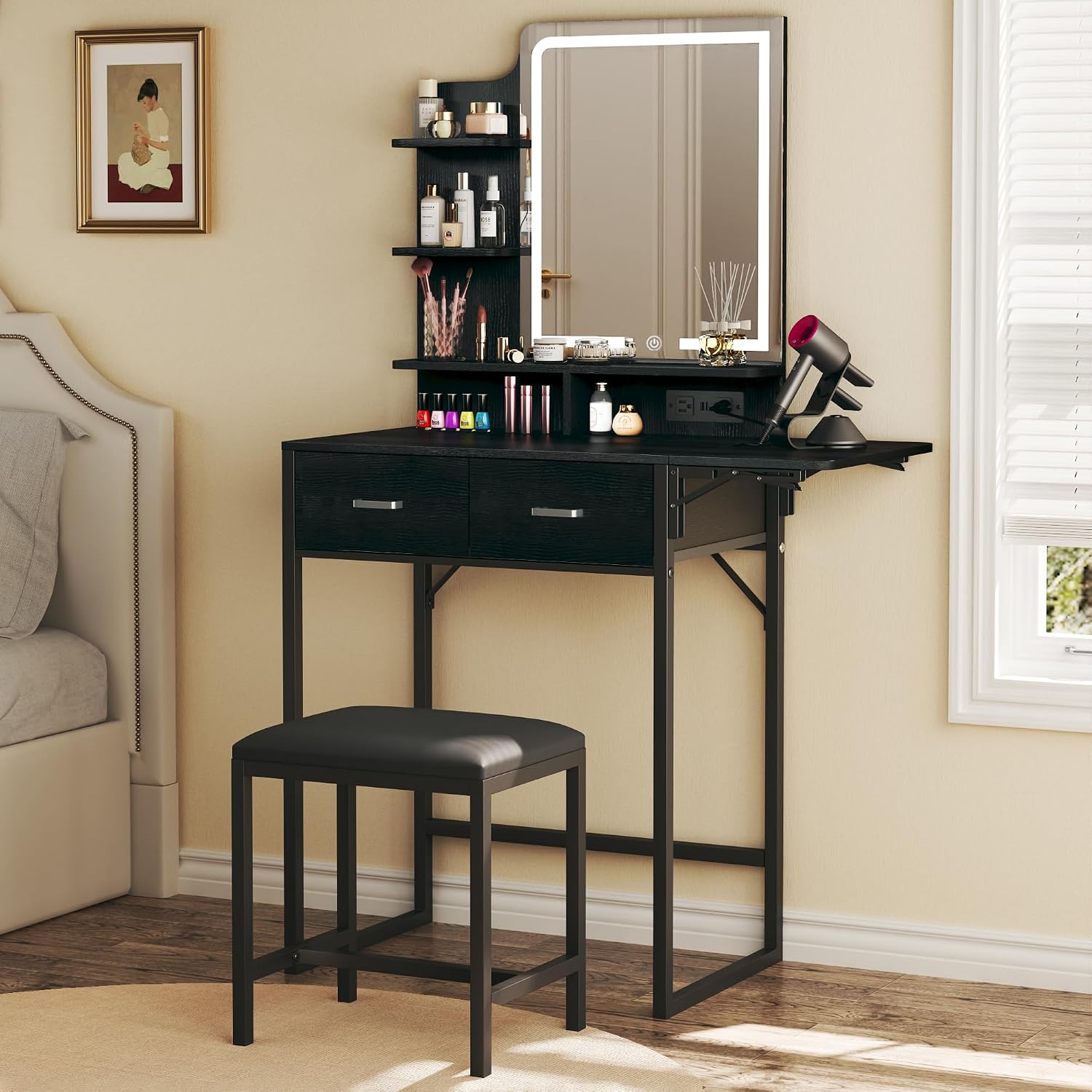 Desk Drawer Small - โต๊ะเครื่องแป้งพร้อมกระจกและไฟ, โต๊ะเครื่องแป้งขนาดเล็กพร้อมลิ้นชักเก็บของแบบผ้าและเก้าอี้และชั้นวางของ, ปรับแต่งได้