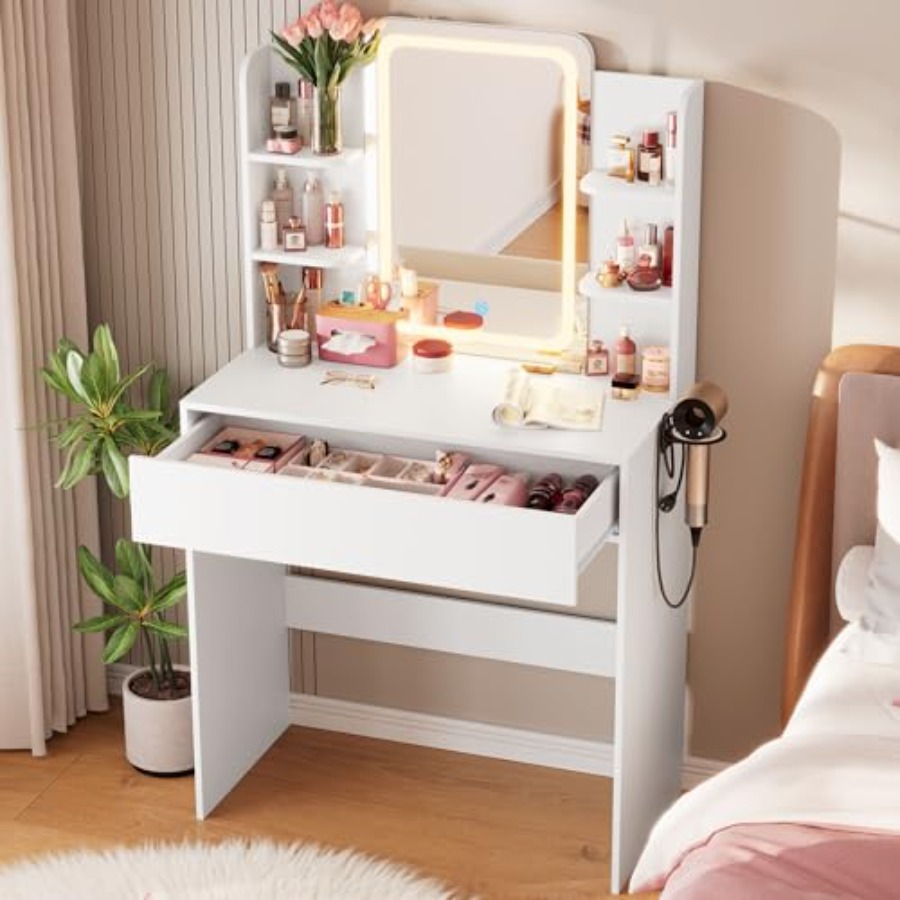 Desk Drawer Small - โต๊ะเครื่องแป้งขนาดเล็กสำหรับใช้ในห้องนอน, ไฟ LED สีขาวนวล, กระจกพร้อมชั้นวางแบบเปิด 3
