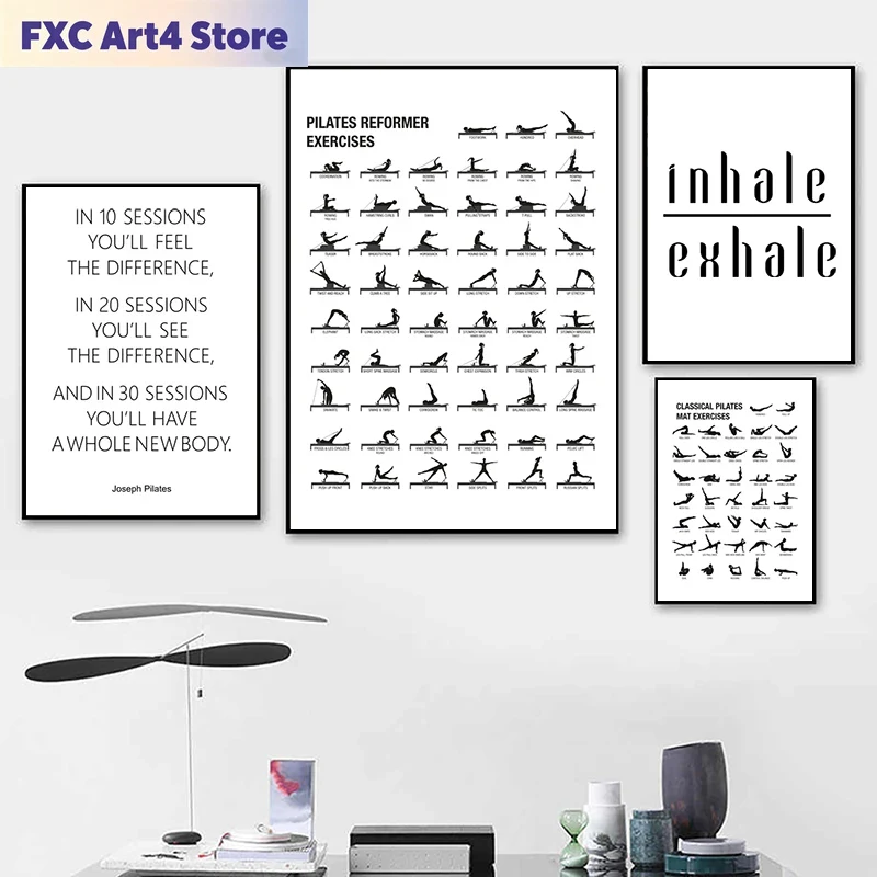 Home Office Yoga Room - โปสเตอร์แผนภาพการออกกำลังกายพิลาทิสแบบไร้กรอบ พิมพ์บนผ้าแคนวาส ตกแต่งผนังห้องโยคะ ของขวัญสำหรับพิลาทิส คู่มือการเพาะกาย ภาพวาดสำหรับฟิตเนสและยิม